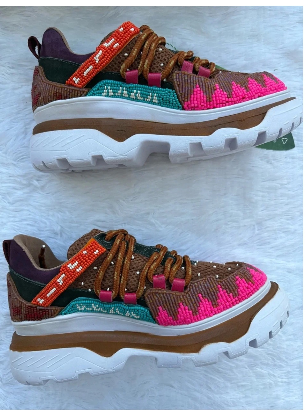 FARM Rio Beaded Platform Sneaker in Brown, Pink & Teal